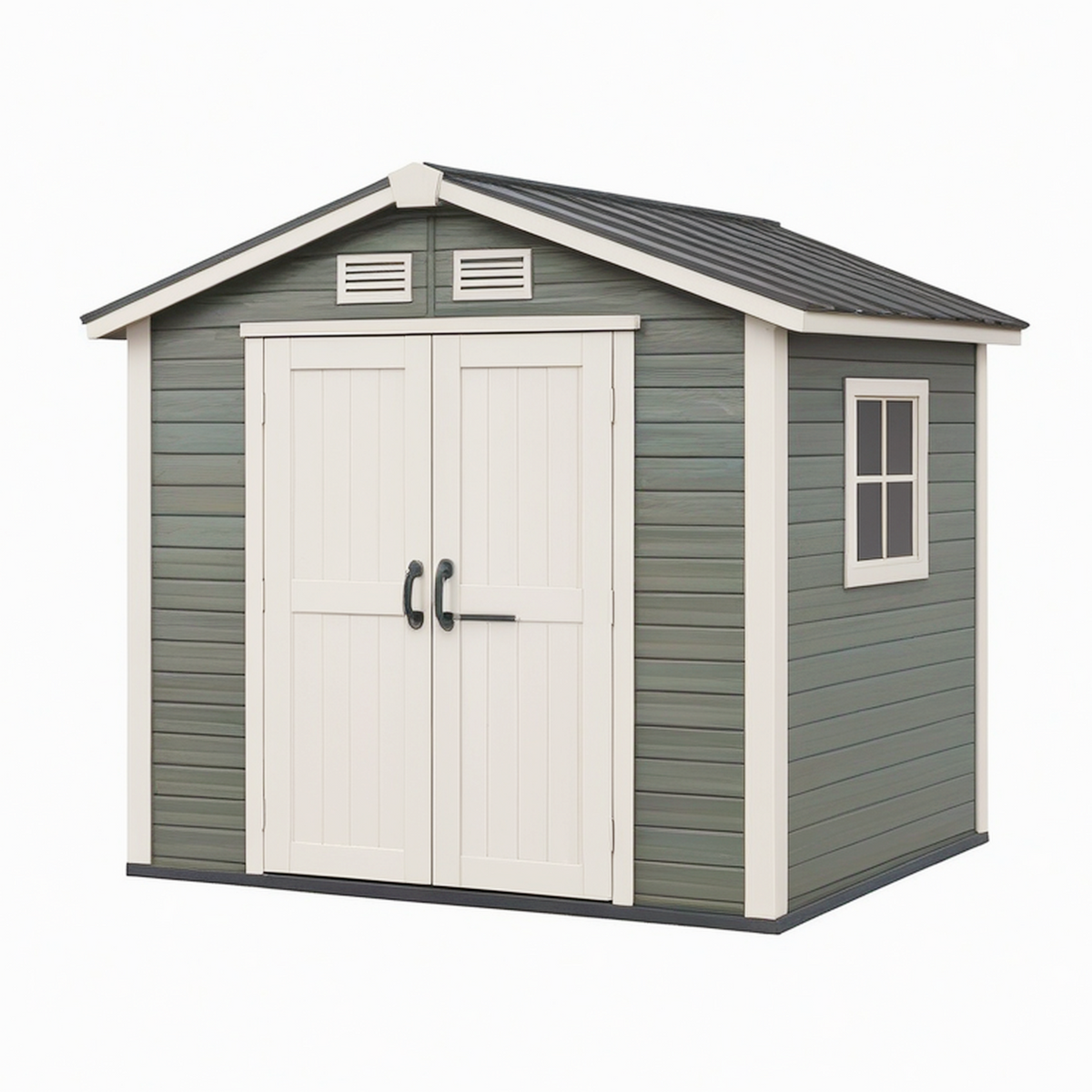 Abri de jardin 244 x 183 x 220 cm en résine vert foncé et blanc avec double porte et fenêtre