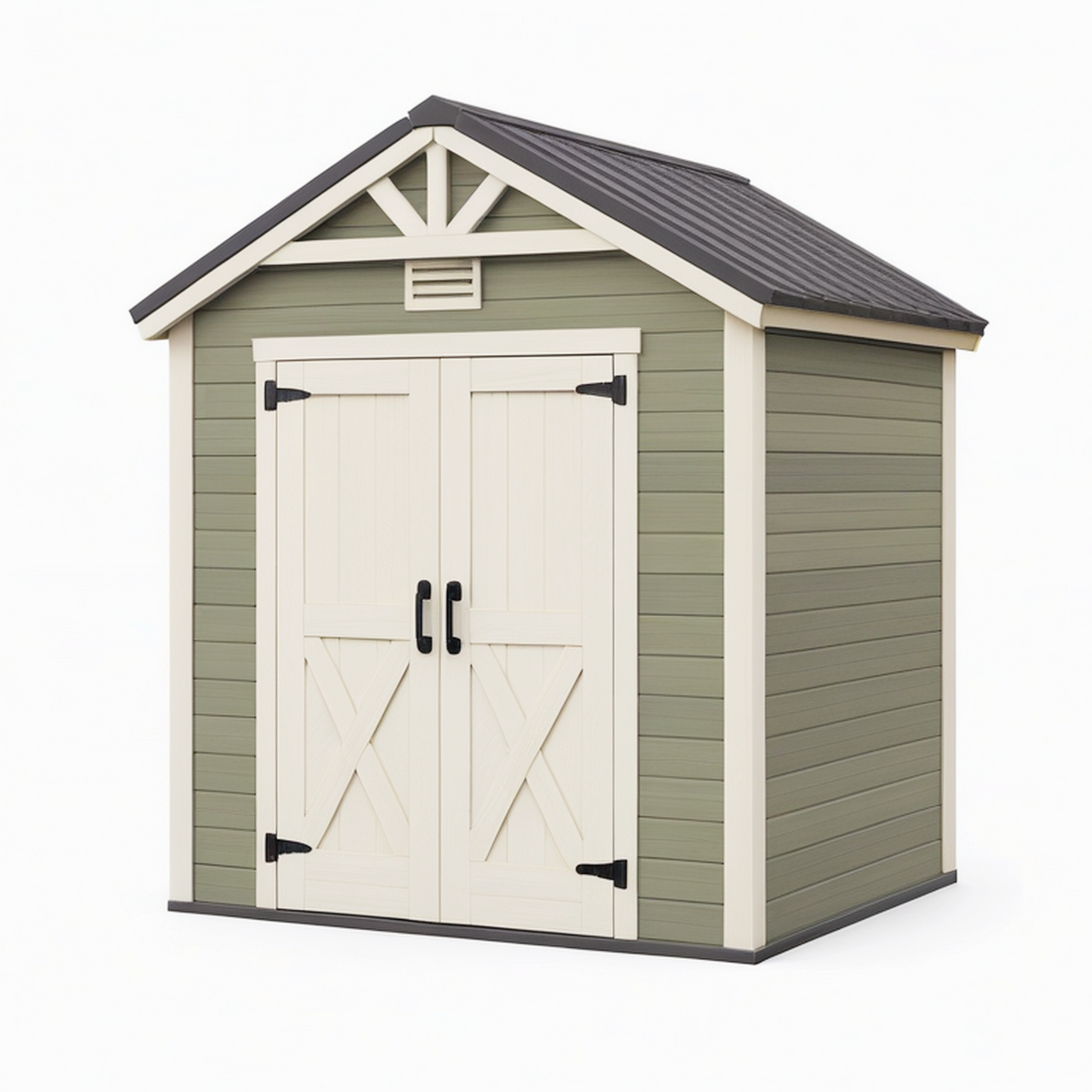 Abri de jardin 200 x 150 x 220 cm en résine vert sauge et blanc à double porte style chalet