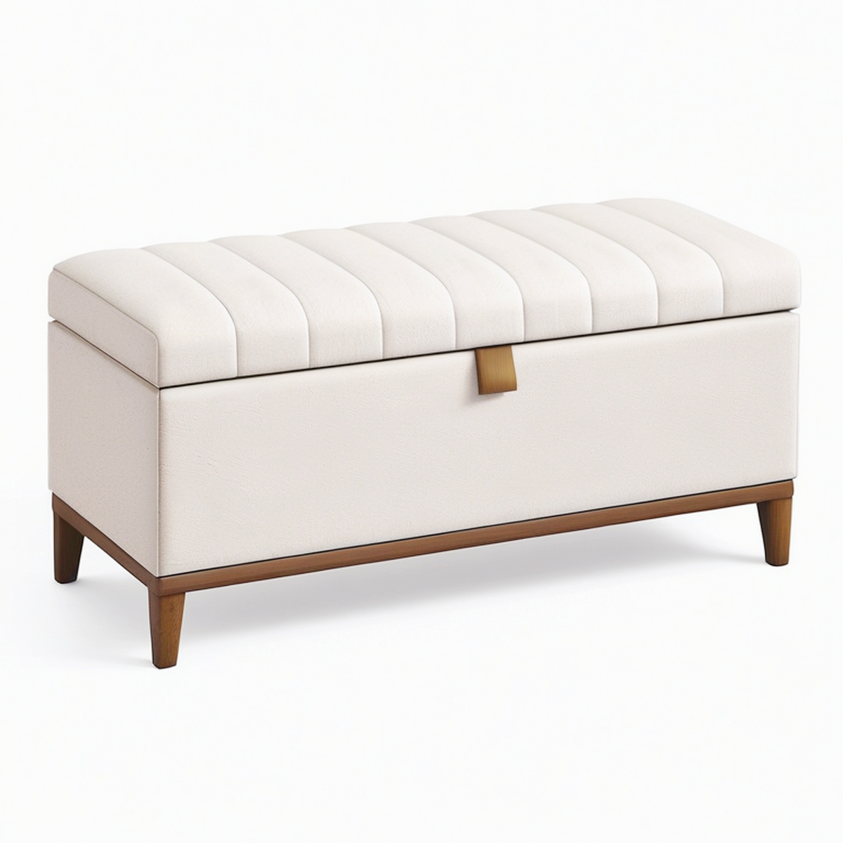 Banc coffre 100 x 45 x 48 cm en tissu beige avec pieds en bois brun style contemporain