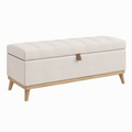 Banc de rangement 120 cm en tissu beige avec pieds en bois style scandinave