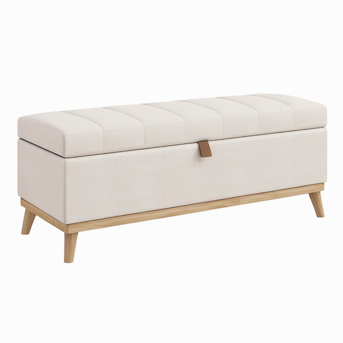 Banc de rangement 120 cm en tissu beige avec pieds en bois style scandinave