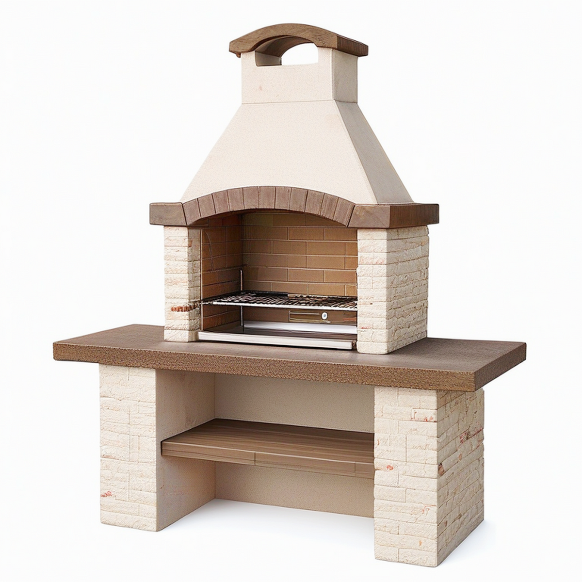 Barbecue de jardin 140 x 70 x 220 cm en pierre beige et brun avec hotte et grille réglable