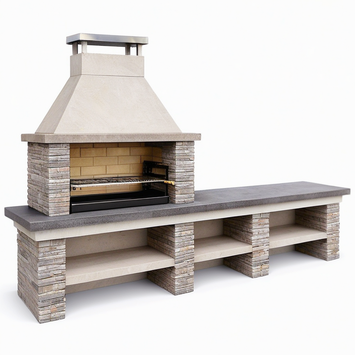 Barbecue extérieur 300 x 80 x 250 cm en pierre beige et acier inoxydable avec plan de travail