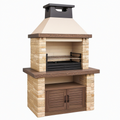 Barbecue de jardin 120 x 70 x 220 cm en pierre beige et métal noir avec cheminée et rangement