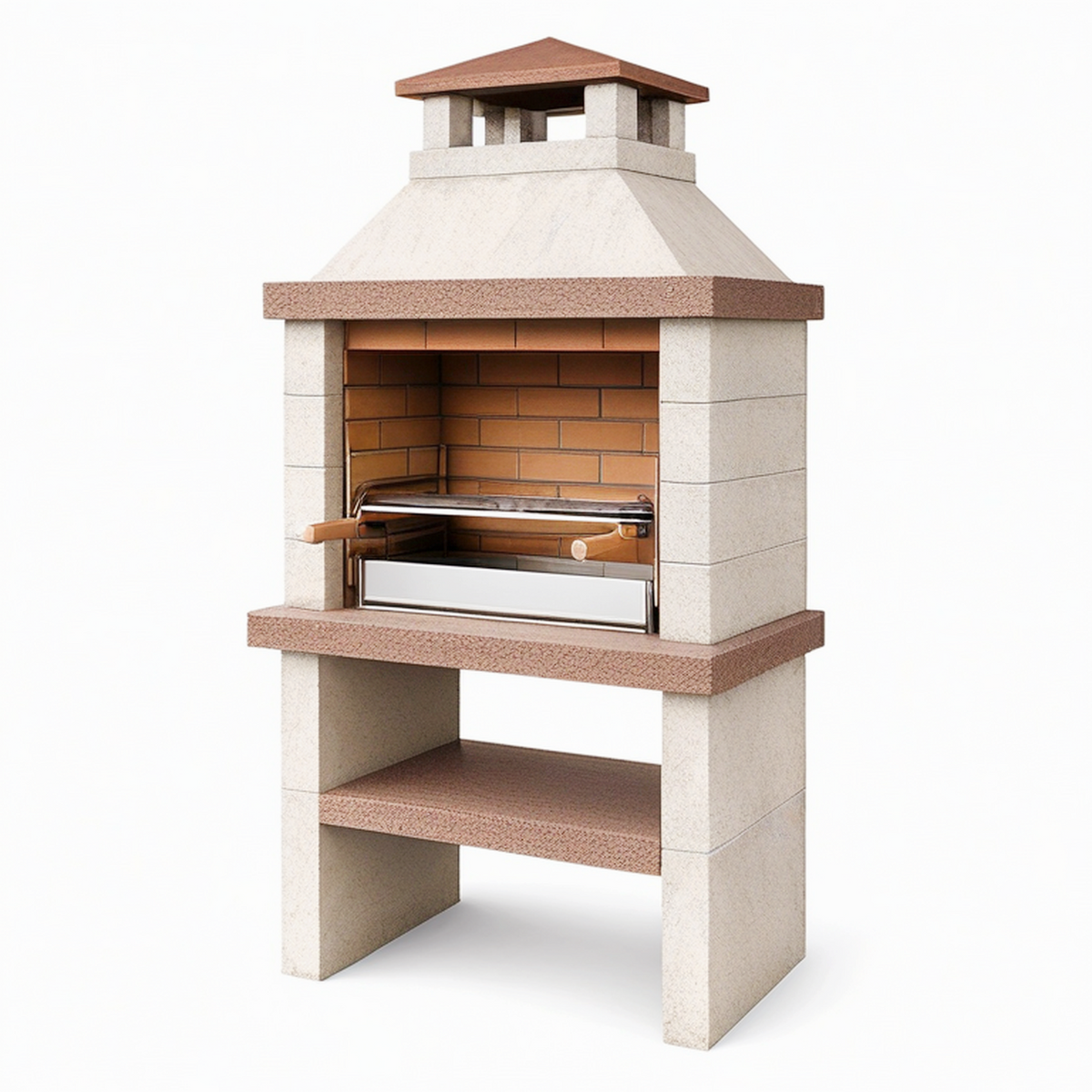 Barbecue de jardin 100 x 70 x 220 cm en pierre beige et brique réfractaire avec cheminée