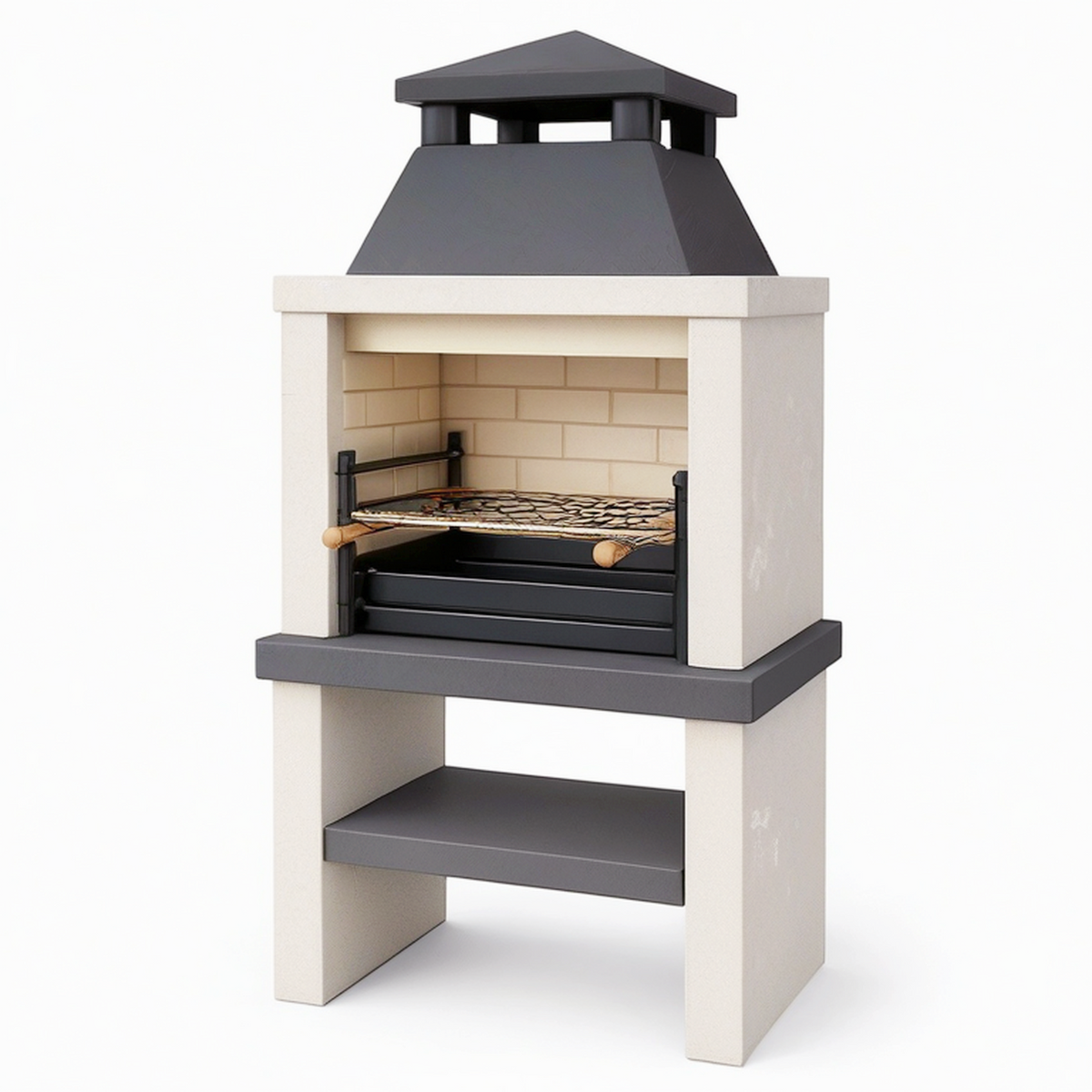 Barbecue fixe 100 x 70 x 210 cm en béton et acier noir beige avec grille réglable