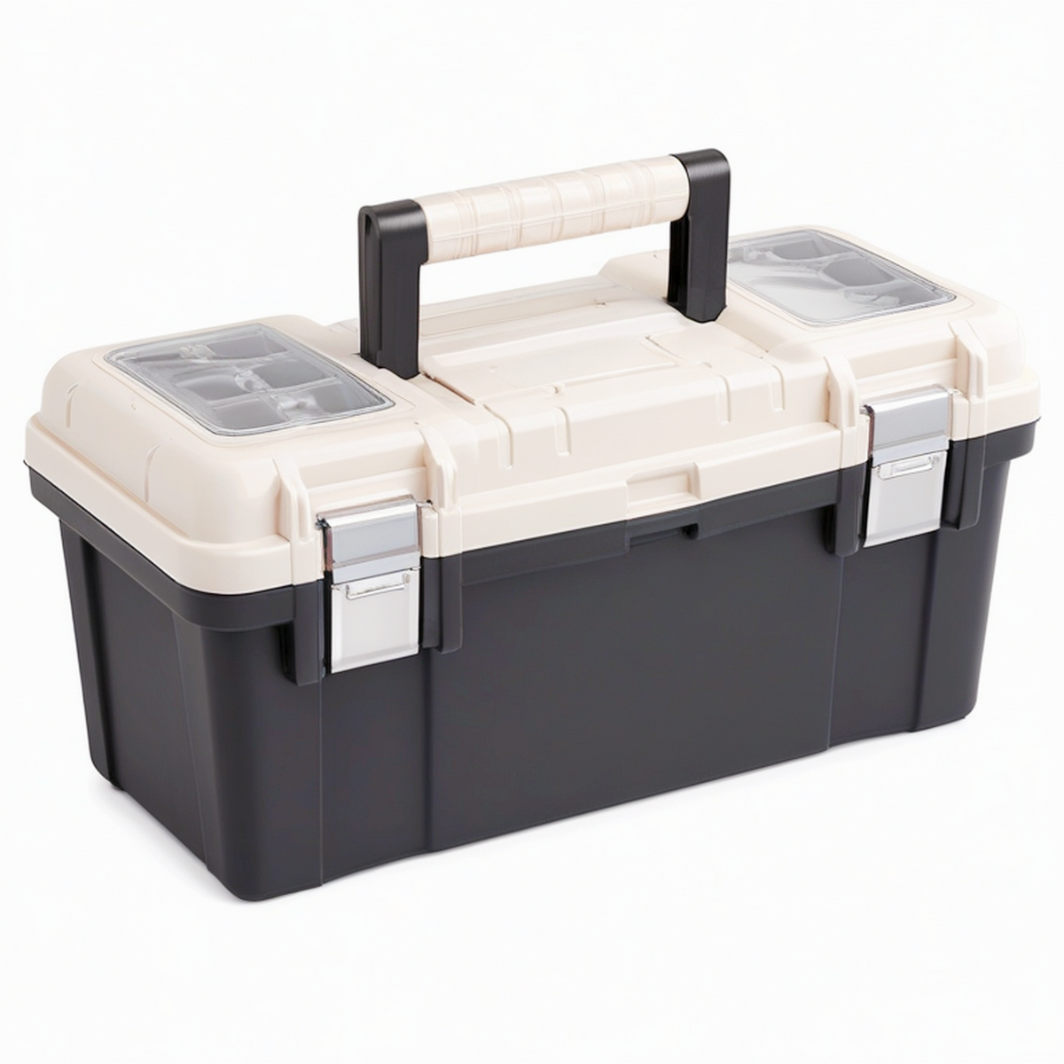 Boîte à outils 48 x 25 x 24 cm en plastique noir et blanc cassé avec organiseurs et poignée de transport