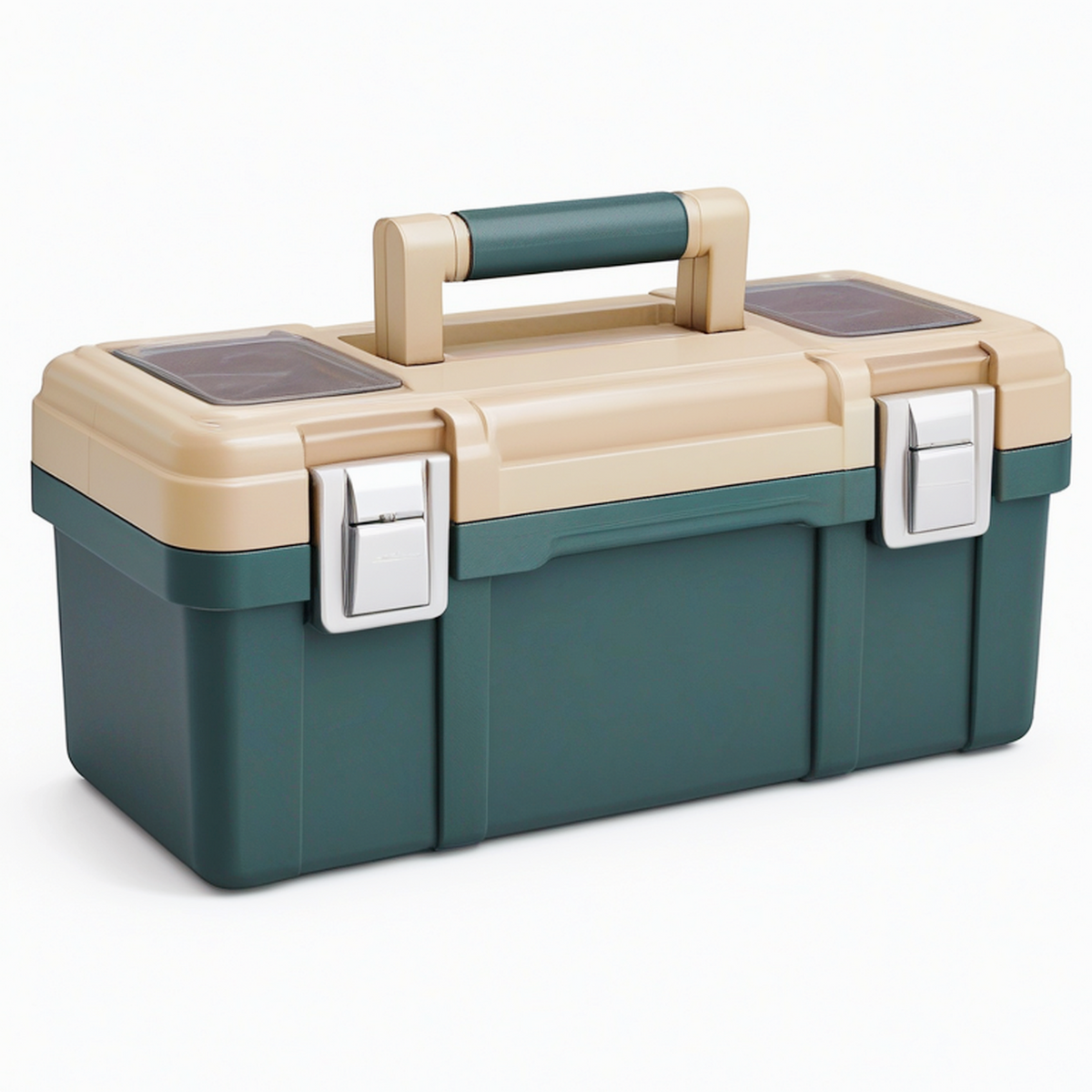 Boîte à outils 48 x 25 x 25 cm en plastique vert foncé et beige avec poignée et compartiments