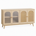 Buffet 180 x 40 x 85 cm en bois beige avec verre strié et rotin - rangement style naturel