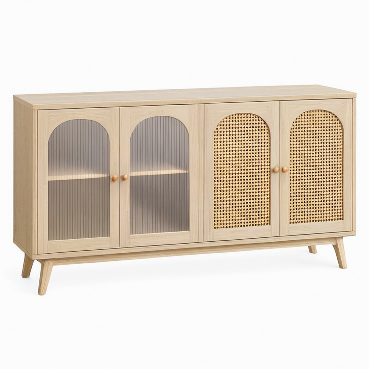 Buffet 180 x 40 x 85 cm en bois beige avec verre strié et rotin - rangement style naturel