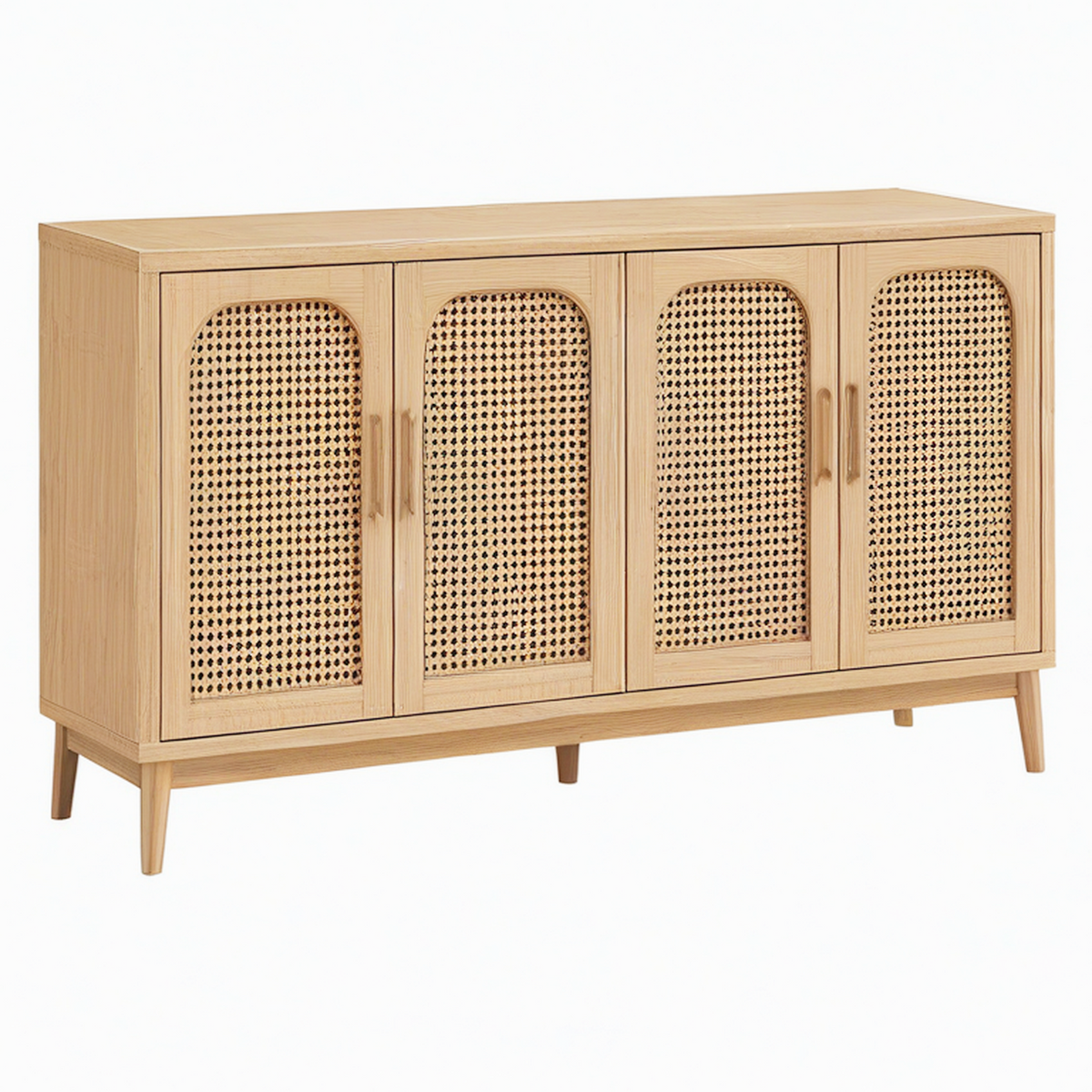 Buffet 180 x 40 x 90 cm en bois naturel et cannage de rotin - 4 portes style bohème