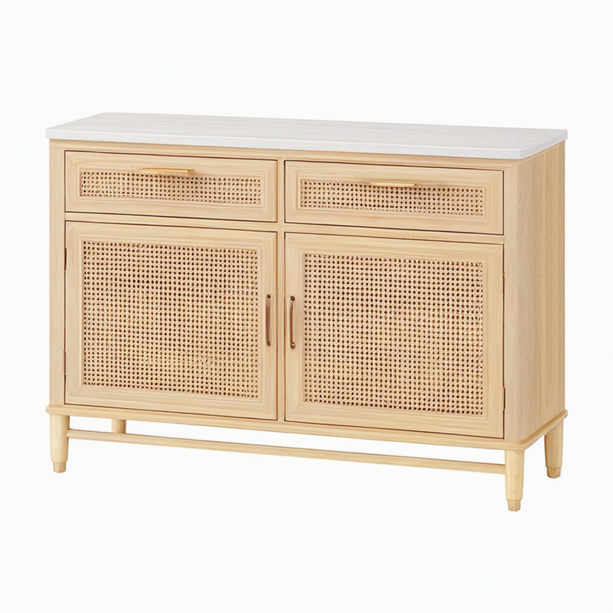 Buffet 120 x 45 x 85 cm en bois naturel et cannage avec plateau effet marbre