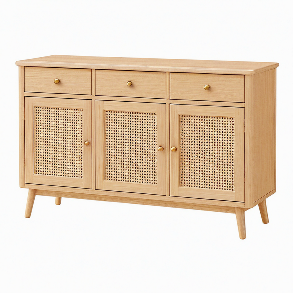 Buffet 160 x 45 x 90 cm en bois naturel et cannage style rétro avec rangement