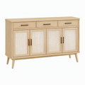 Buffet 160 x 40 x 90 cm en bois effet chêne clair et cannage naturel style bohème avec 4 portes et 3 tiroirs