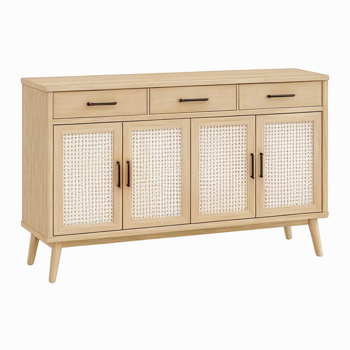 Buffet 160 x 40 x 90 cm en bois effet chêne clair et cannage naturel style bohème avec 4 portes et 3 tiroirs