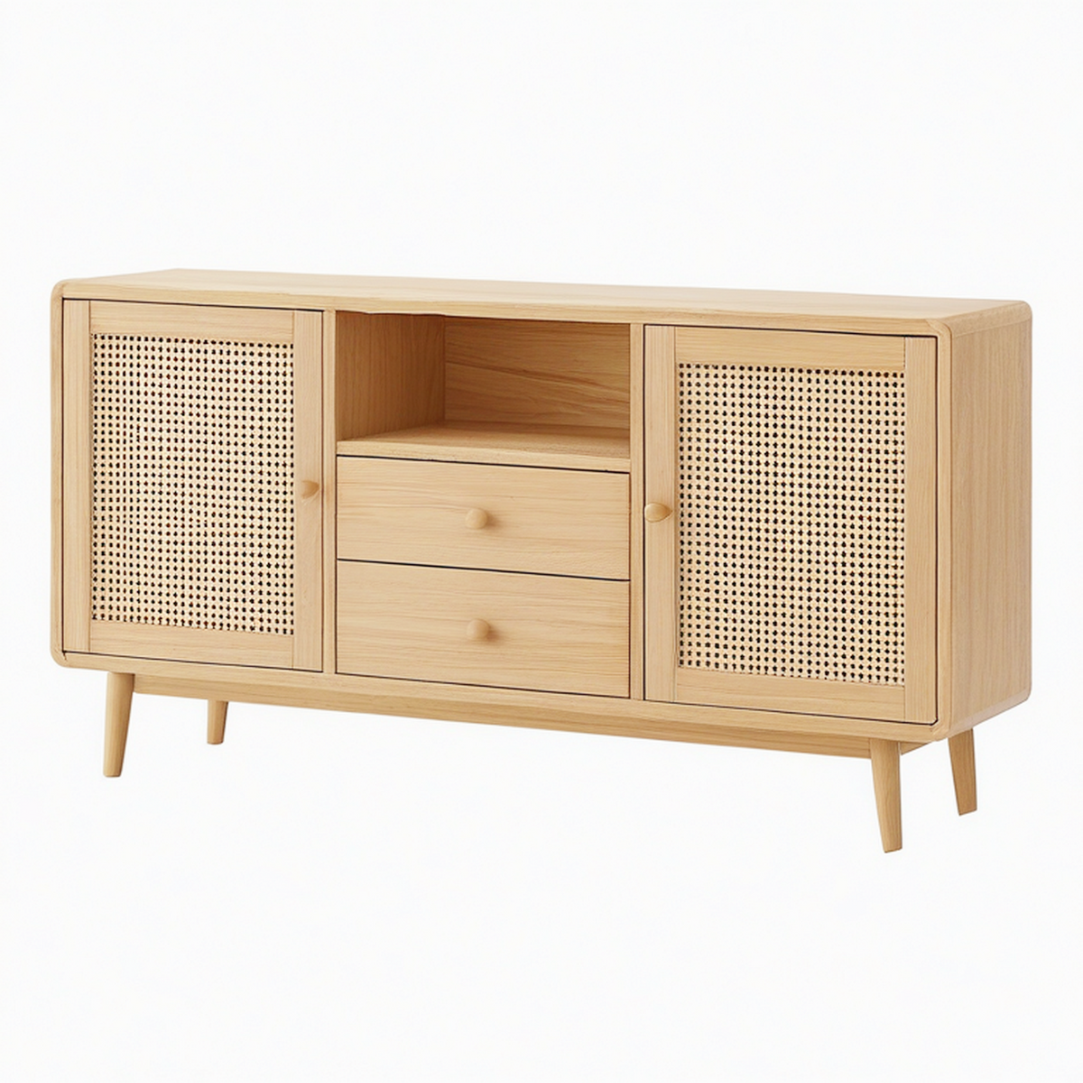 Buffet 160 x 40 x 80 cm en bois naturel et cannage - rangement scandinave