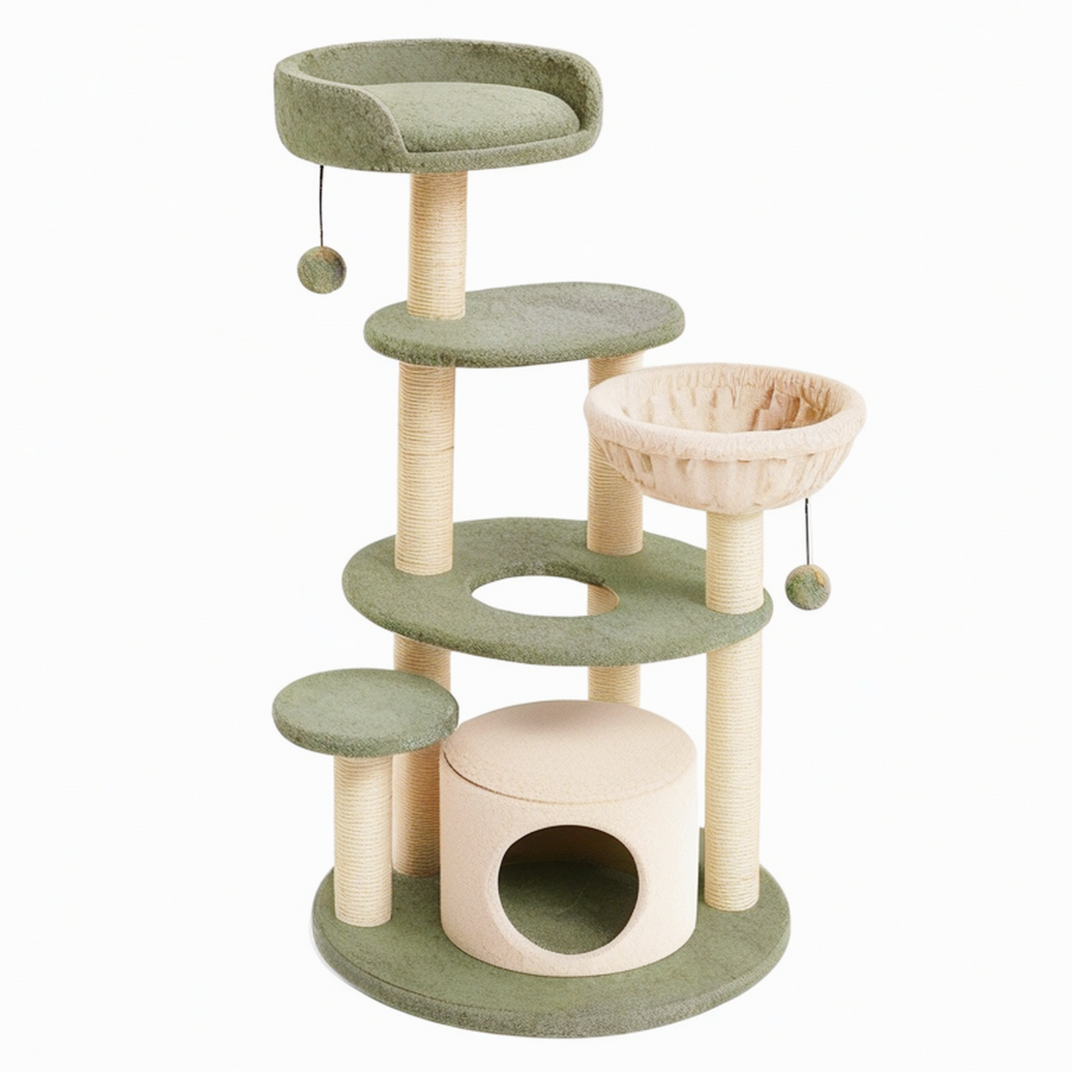 Arbre à chat 60 x 60 x 135 cm vert et beige en sisal avec niches et plateformes