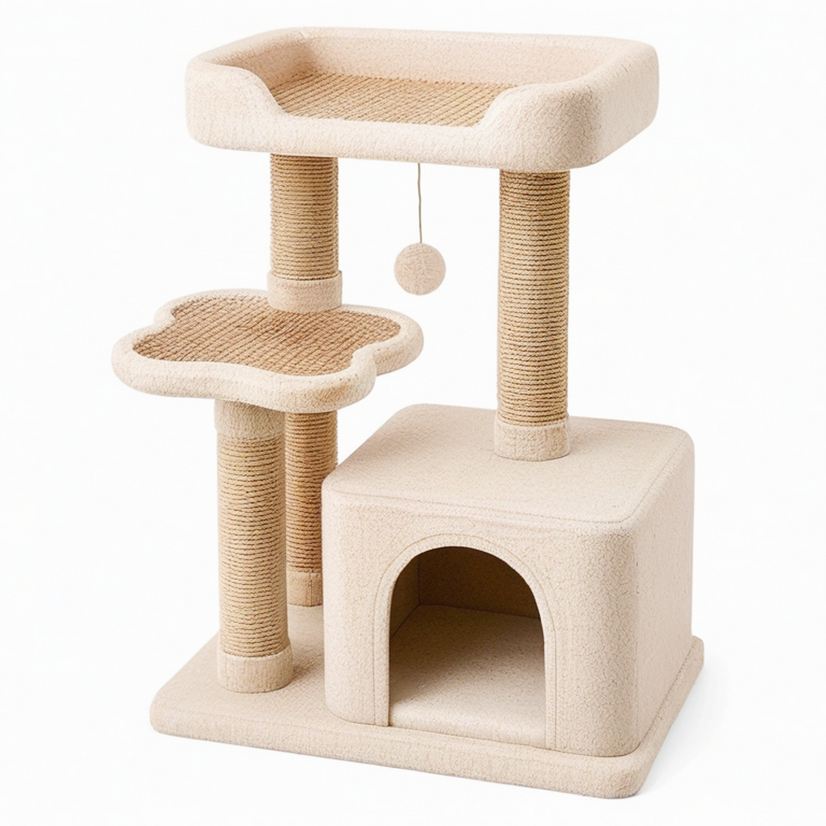 Arbre à chat 50 x 50 x 100 cm en sisal et peluche beige - griffoir avec niche et plateformes