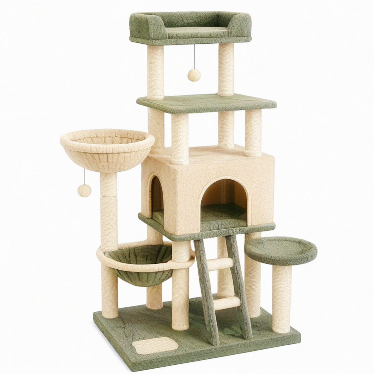 Arbre à chat 60 x 50 x 170 cm en peluche vert beige avec griffoirs et niches