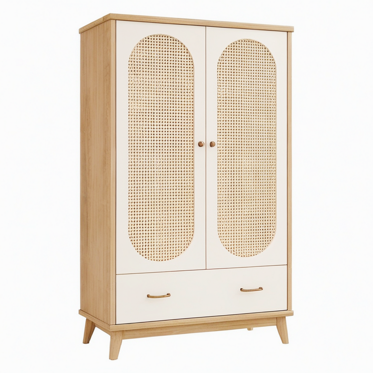 Armoire de rangement 100 x 50 x 180 cm en bois naturel et blanc cassé avec cannage style scandinave