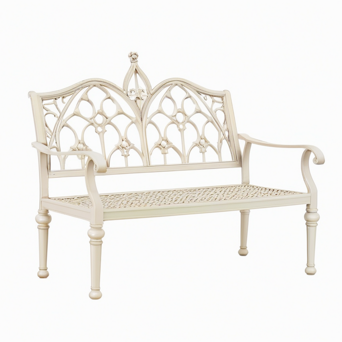 Banc de jardin 121 x 61 x 100 cm en métal ivoire style romantique ajouré