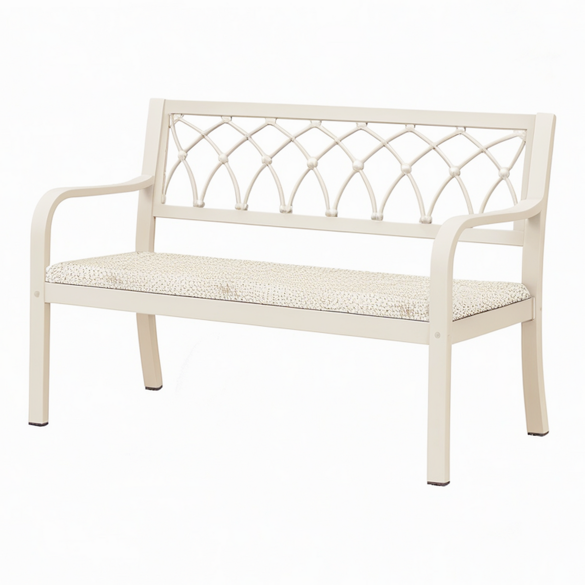 Banc de jardin 120 cm en acier blanc avec assise tressée style classique