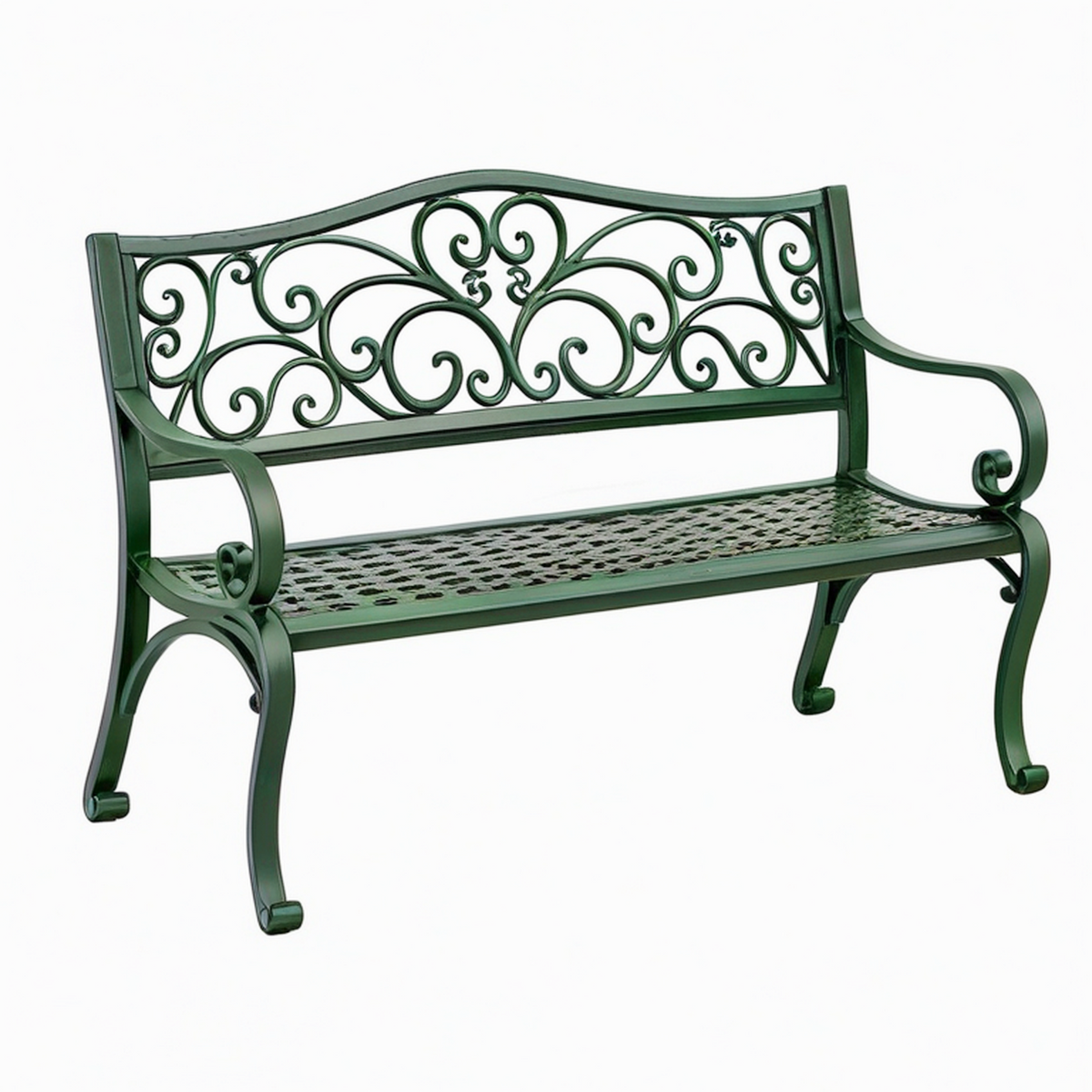 Banc de jardin 122 x 60 x 90 cm en métal vert à volutes décoratives