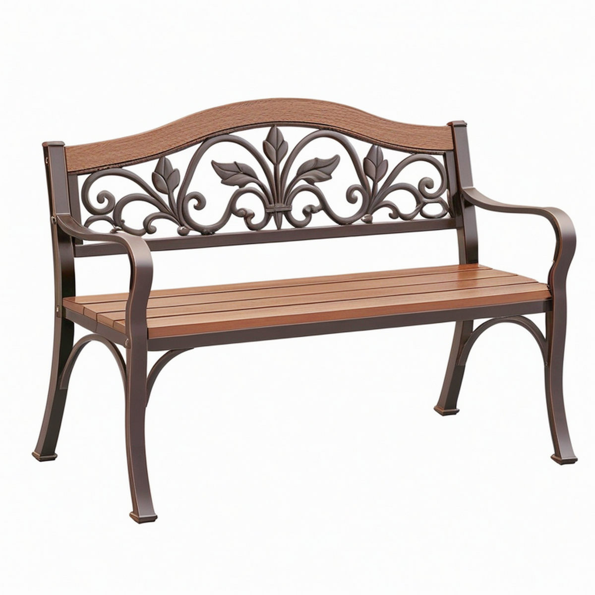 Banc de jardin 122 cm métal brun aspect bois à accoudoirs style classique